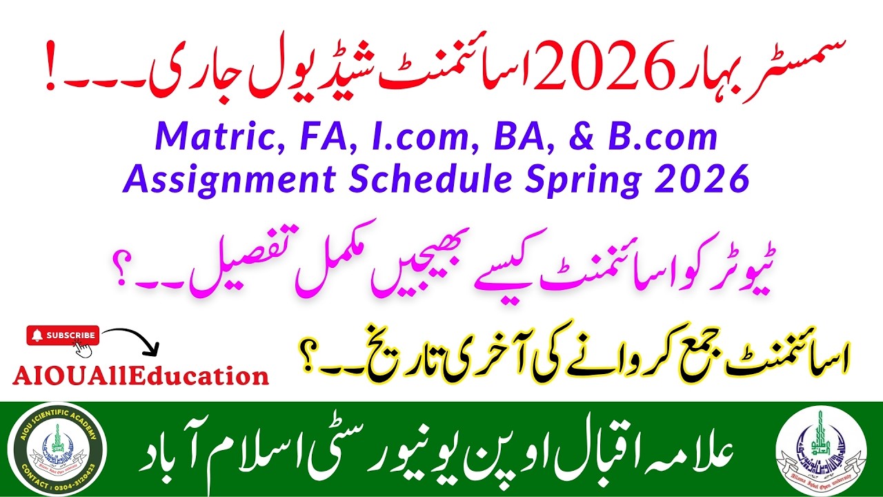 Aiou Assignment Schedule Announced Spring 2026 | Matric FA I.com BA & B.com Assignment Schedule 2026