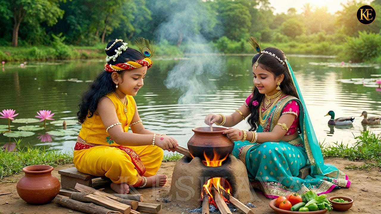 बाल कान्हा-राधा की रसोई लीला, खेत में चूल्हे पर बना देसी खाना || YMKN  || Shree Krishan leela