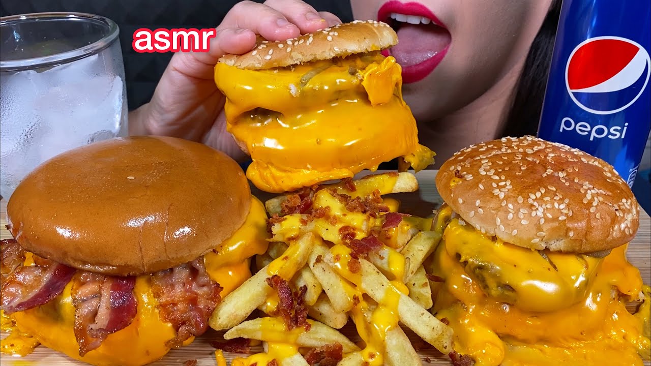 ASMR BACON CHEESEBURGER, DOUBLE CHEESEBURGER, CHEESY BACON FRIES MASSIVE Eating Sounds
