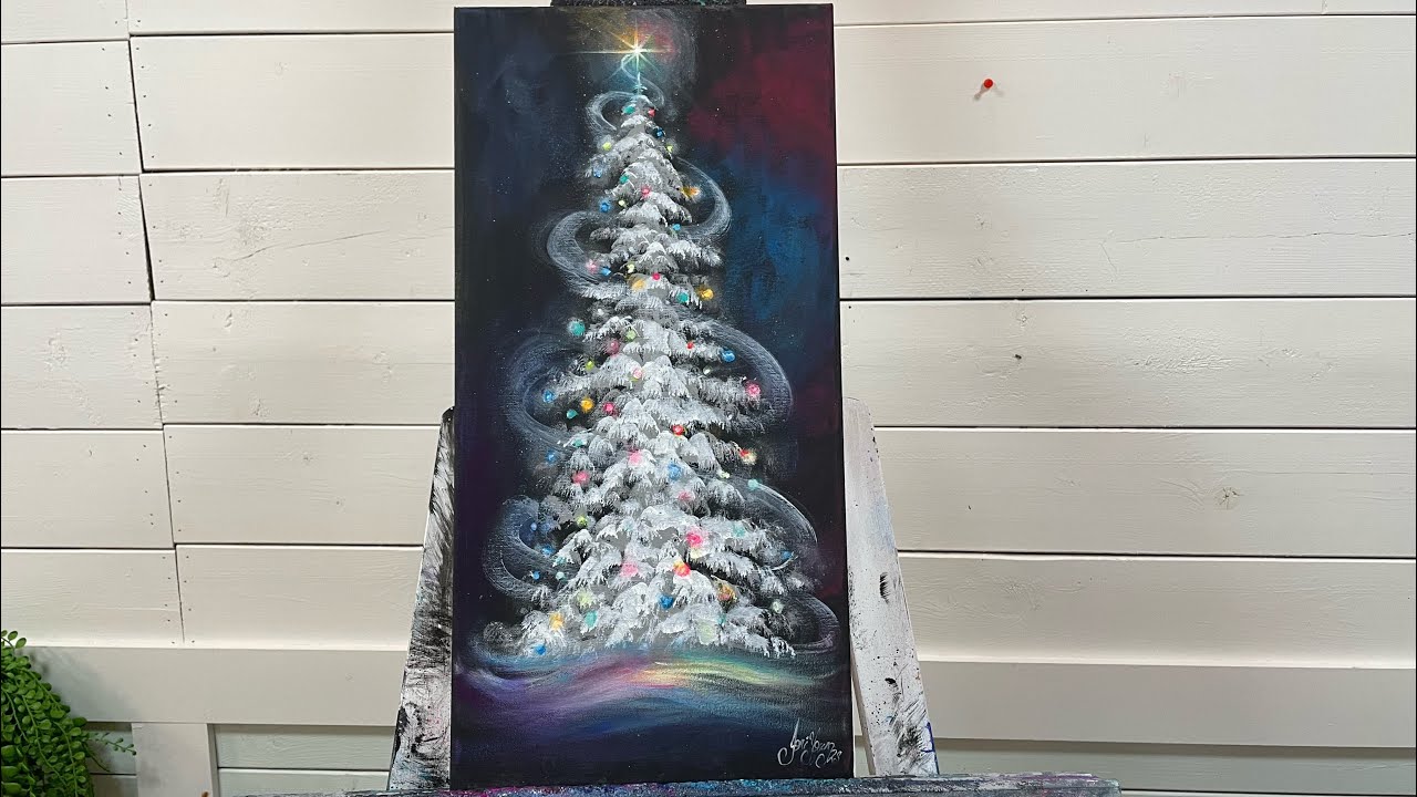 How To Paint A GLOWING Christmas Tree At Night ~ Acrylic Tutorial for beginners