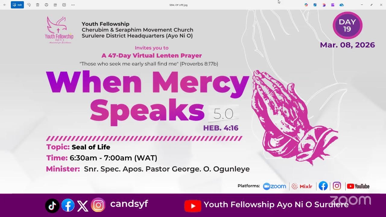 DAY 19 | SEAL OF LIFE | WHEN MERCY SPEAKS | 8TH MARCH, 2026 | YOUTH FELLOWSHIP AYO NI O