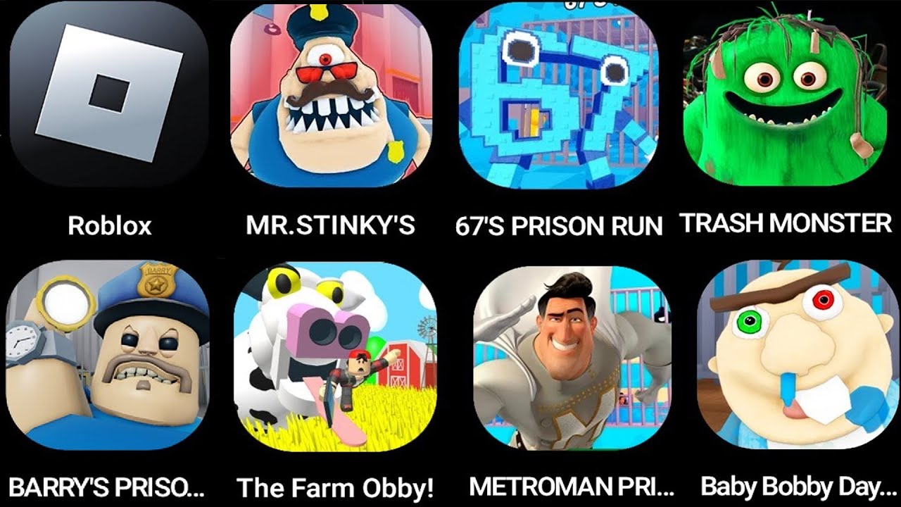 MR. STINKY'S,67'S PRISON RUN!,BARRY'S PRISON,Roblox,SIREN COP'S PRISON!,TRASH MONSTER OBBY!...