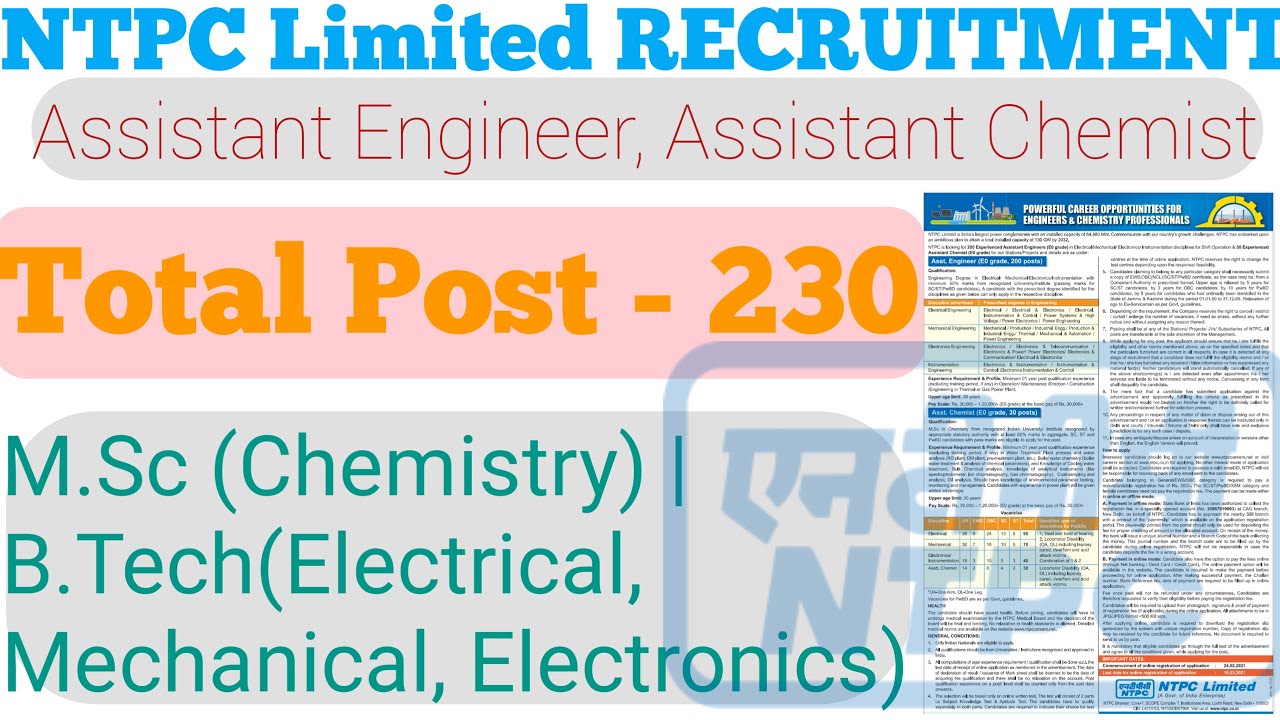 NTPC Recruitment 2021|Asst.Engineer, Asst.Chemist Posts|M.Sc Chemistry, B.Tech