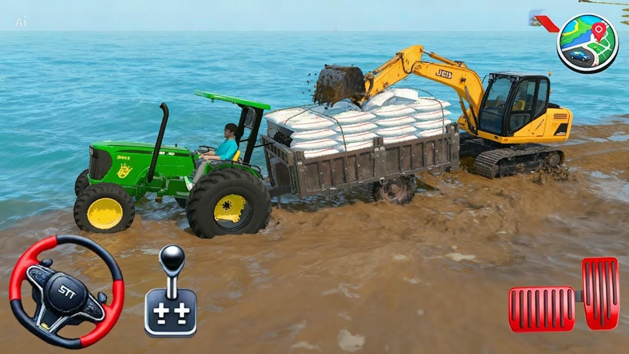 🚜😱🎮 Pull Bori loaded trolley from sea by JCB machine and tractor 🚜😱🎮 #indianvehiclessimulator3dgame 