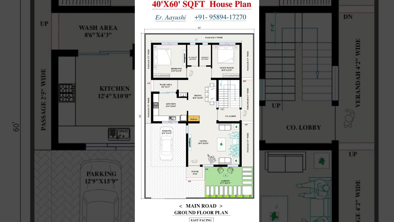 40' by 60' house Plan with 2 bedroom| 2000 sqft House plan with garden and car parking| #realestate