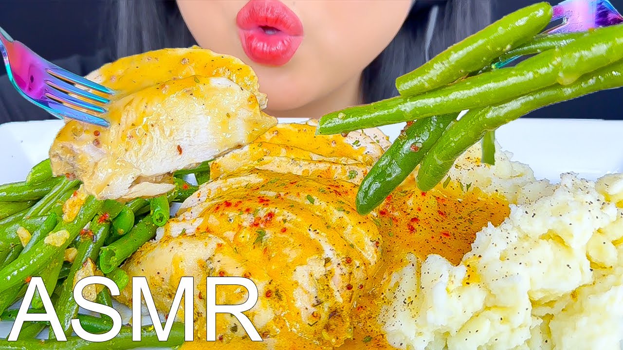 ASMR Roast Chicken Drenched in Cream Honey Dijon Sauce + Mashed Potatoes + Green Beans | ASMR Phan