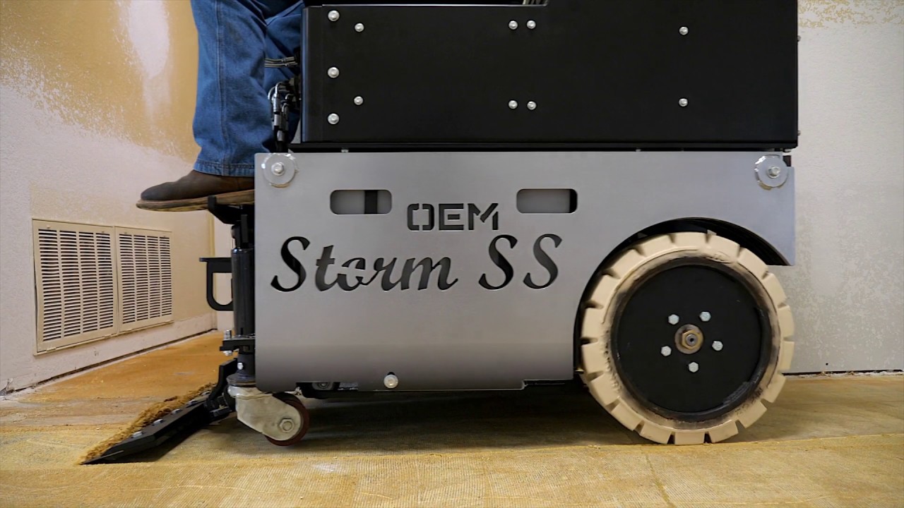 Storm SS and Cyclone SS battery powered floor scrapers working on carpet and glue.
