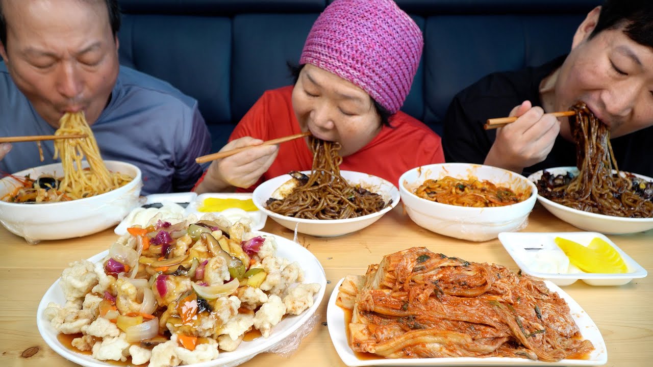 Jjajangmyeon, Seafood Jjamppong, Tangsuyuk - кулинарное шоу Мукбан.