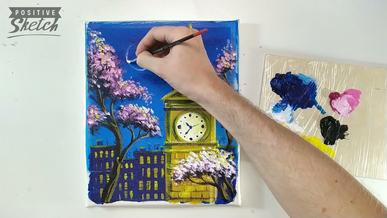 Cityscape for beginners, Acrylic painting, Clock tower