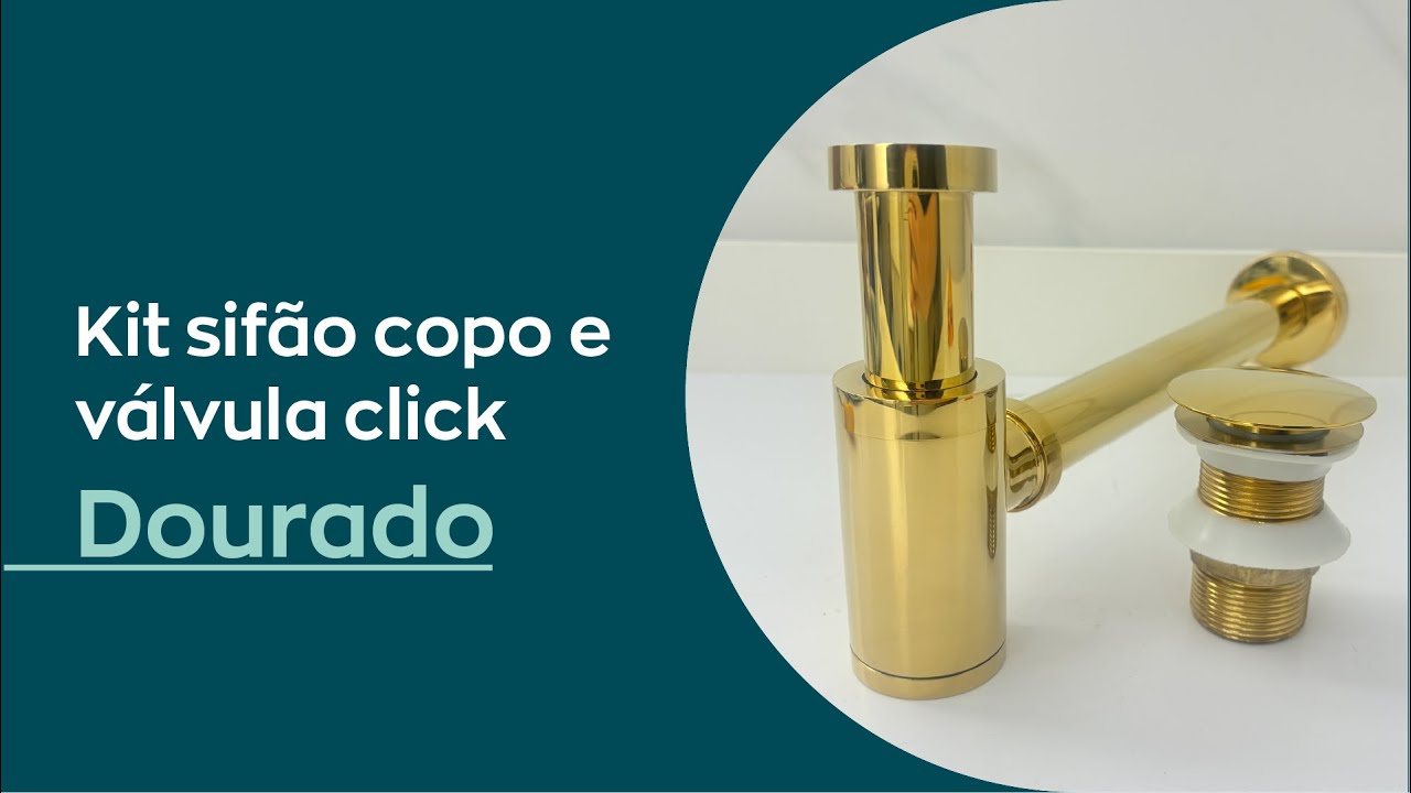 Conheça nosso kit Válvula Click e Sifão Copo em inox dourado Dona D.Cor