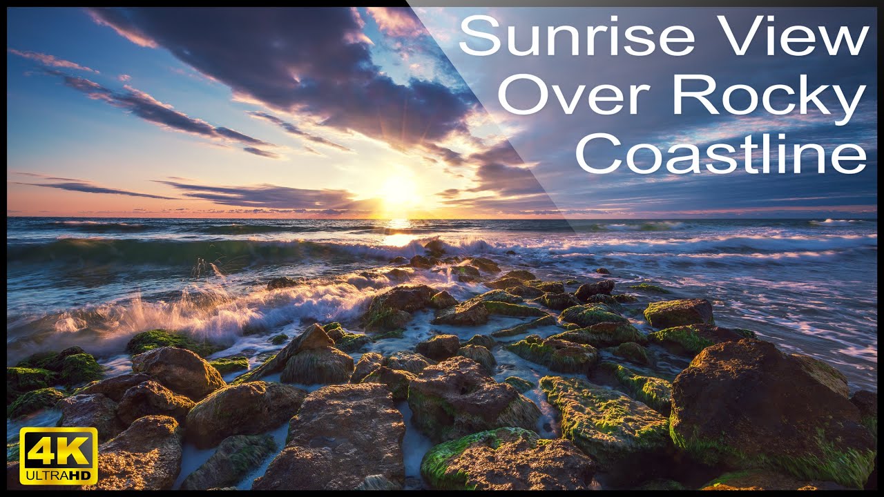 4k Sea Sunrise View Over Rocky Coastline - Relaxing Ocean Waves Sounds - No Music