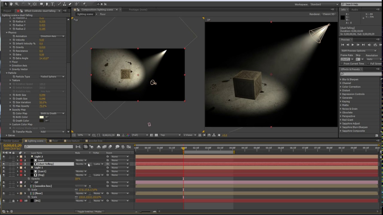 Trapcode Lux 3D lighting with light fog and dust.
