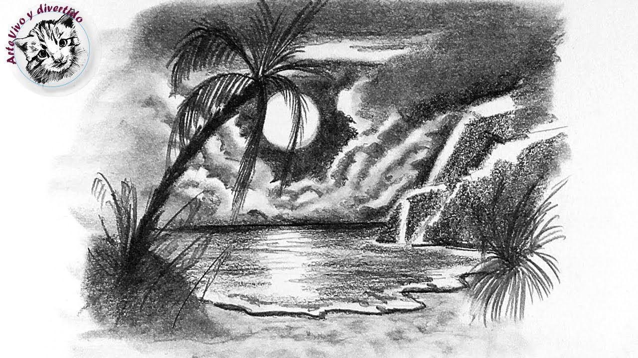 Como Dibujar una Playa Tropical de Noche con Lapiz muy Facil y Paso a Paso