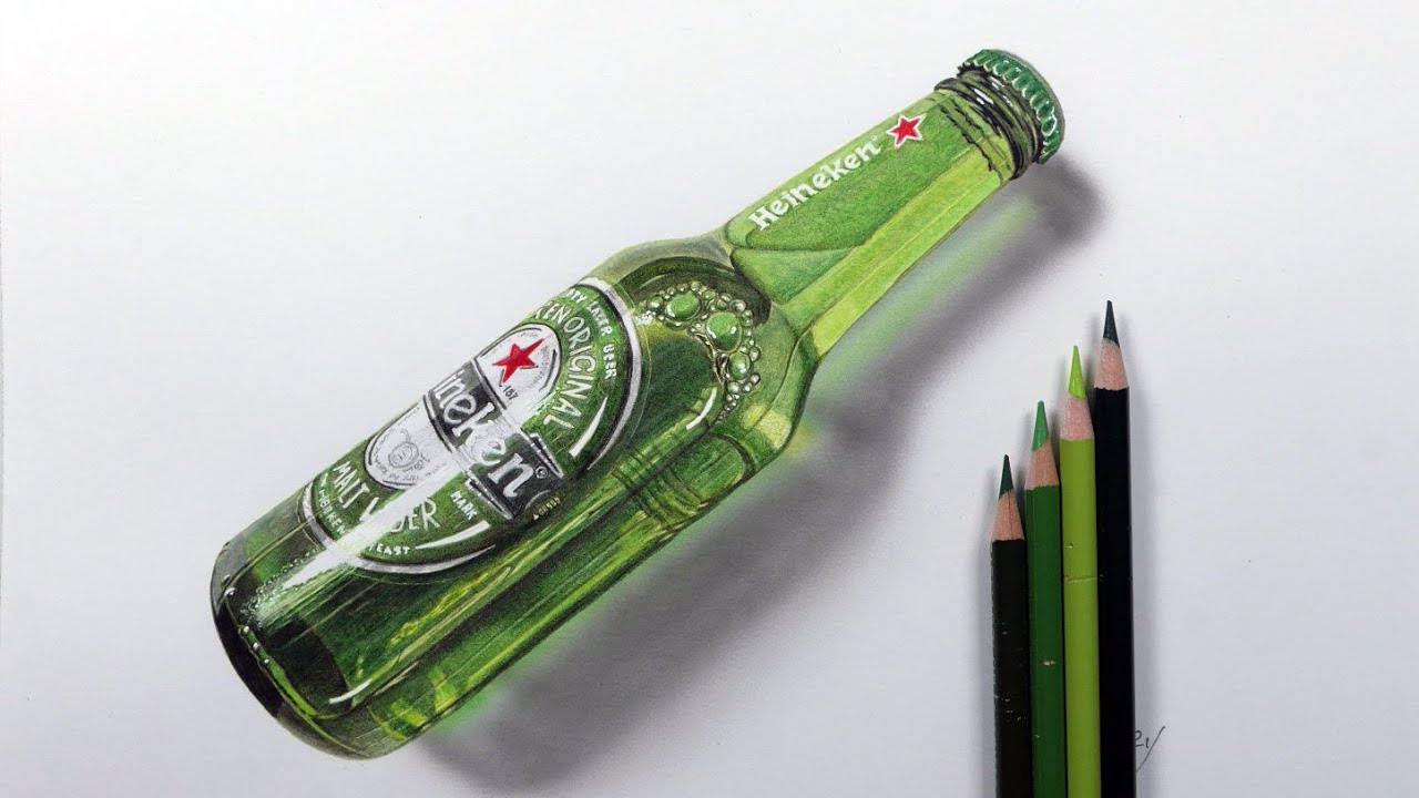 Coloured Pencils Drawing. Realistic Bottle of Heineken Beer.