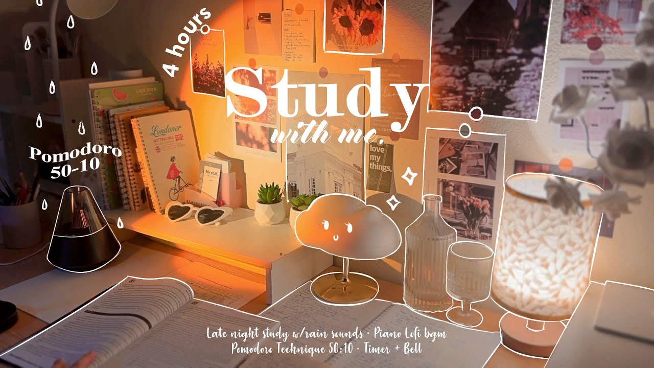 4-HOUR 🧡 Late Night Study With Me &bull; Rain sounds☔ + Piano & Lofi bgm &bull; Pomodoro 50-10 &bull; Day183🌇