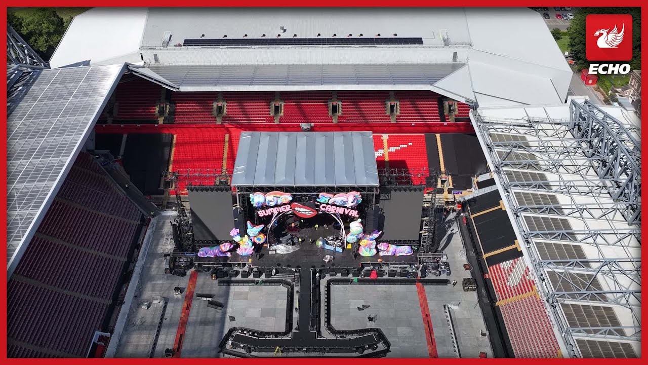 Drone footage shows Anfield preparing for Pink