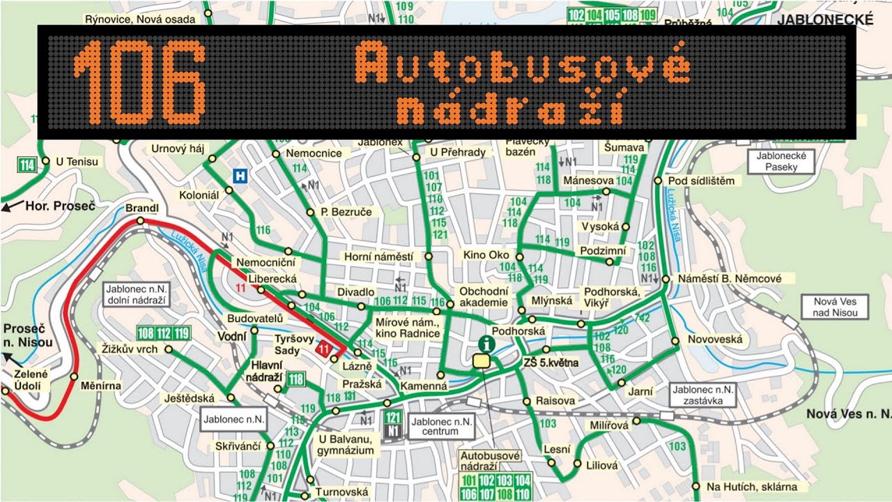Hl&aacute;&scaron;en&iacute; a trasa linky 106 během obj&iacute;žďky | DSOJ | BusLine MHD Jablonecko | Jablonec nad Nisou