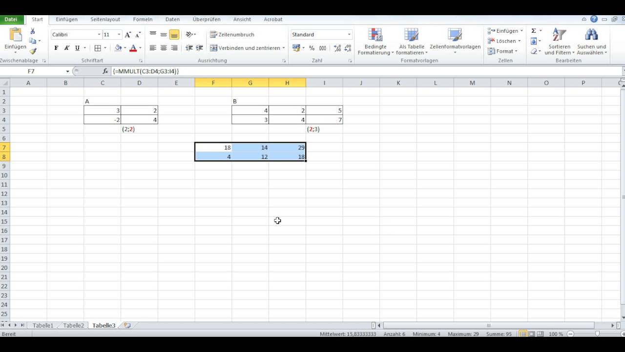 Matrizen mit Excel multiplizieren