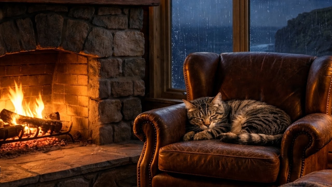 Winter Cabin Solitude: Rainy Night & Crackling Fireplace Sounds