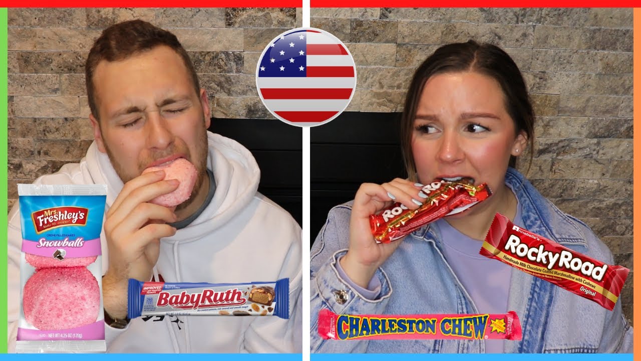CANADIAN Couple Tries AMERICAN CANDY!! (Round 1!) | Britt&Nick