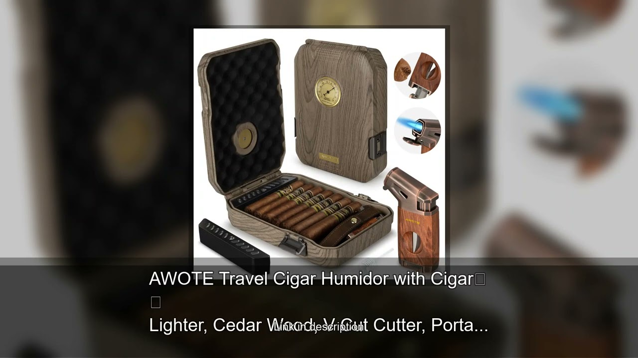 AWOTE Travel Cigar Humidor with Cigar Lighter, Cedar Wood, V Cut Cutter, Portable Cigar Humidor