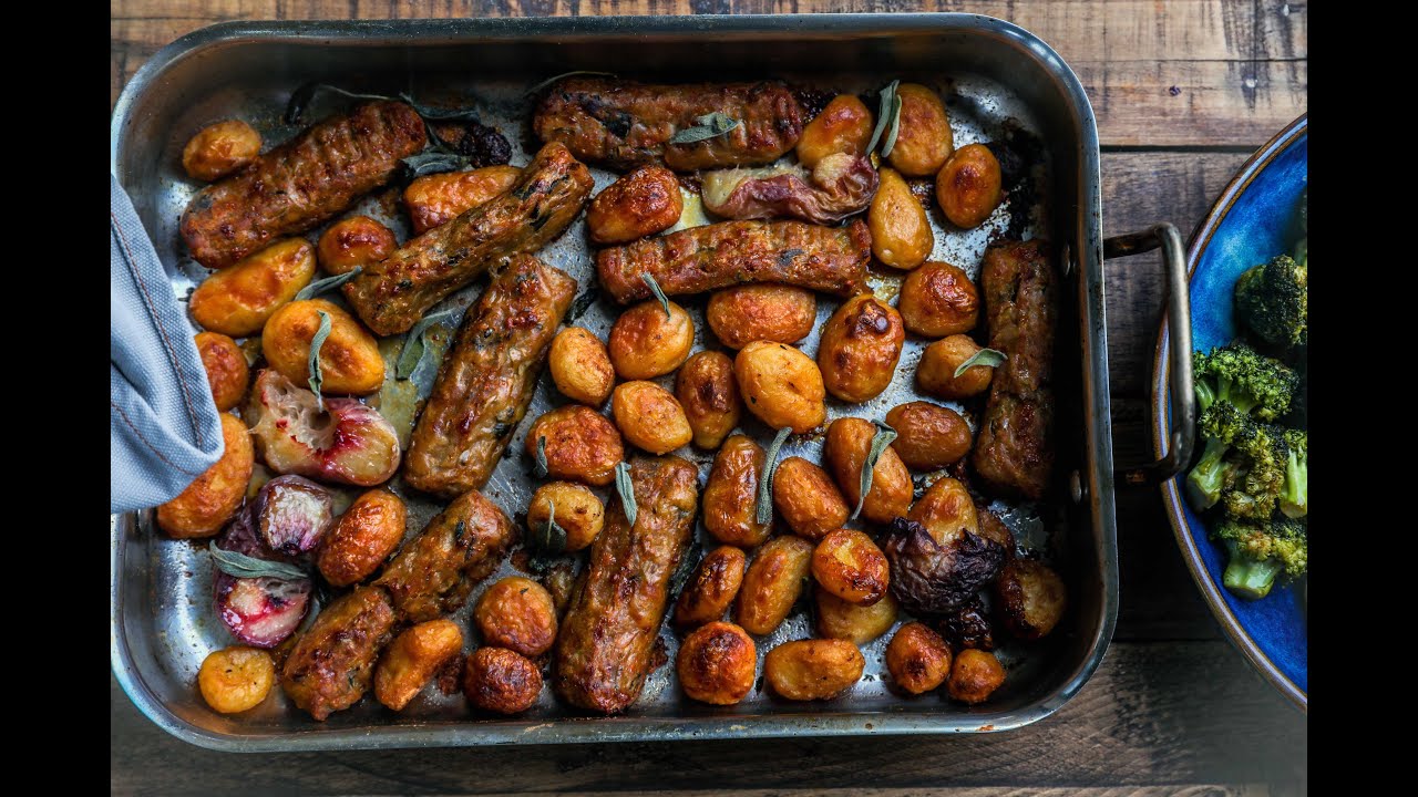 Veggie sausage & peach tray bake