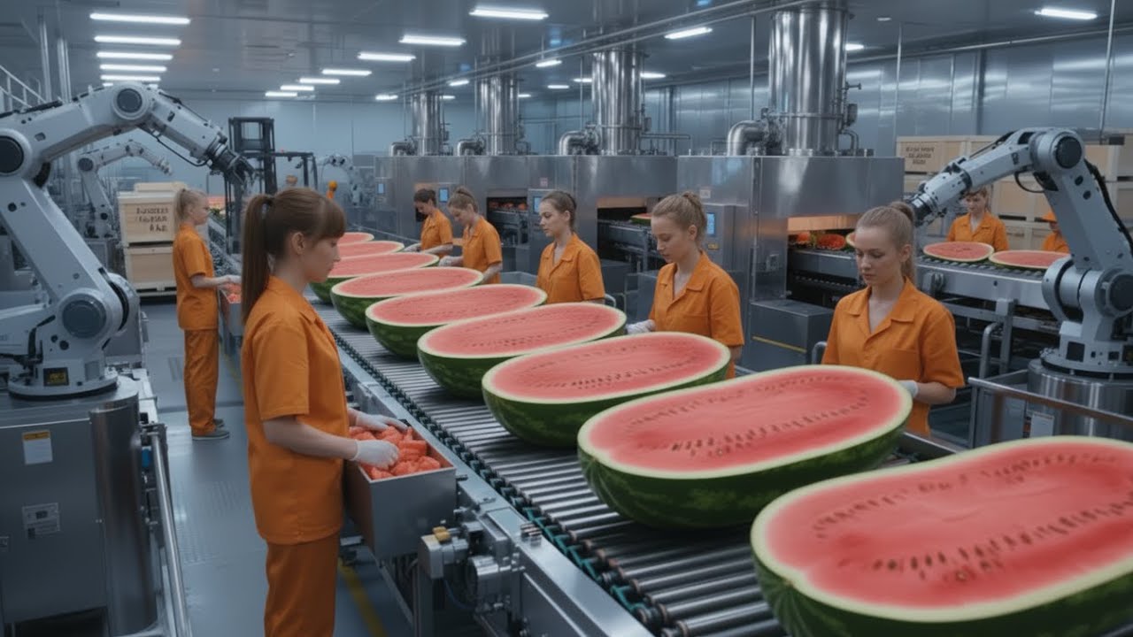 Inside a Modern Watermelon Factory: From Whole Melons to sweet Juice (Full Process)