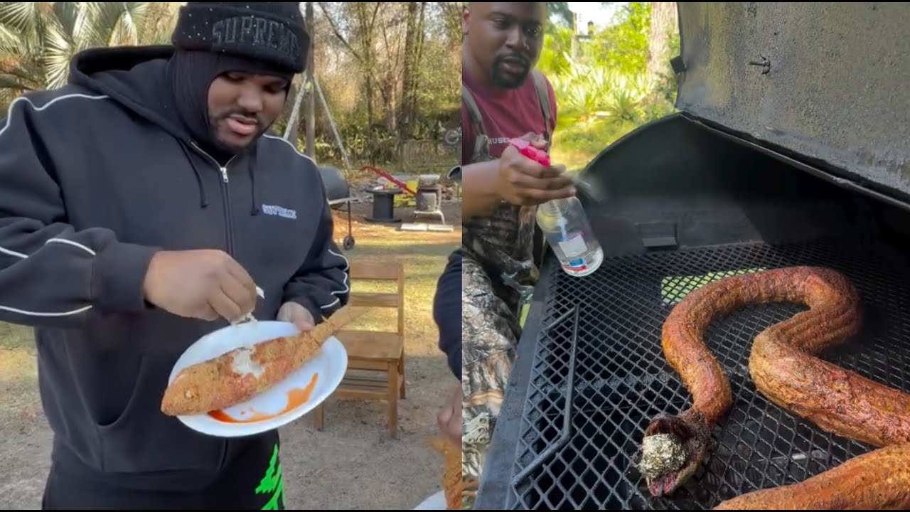 Ти Гризли готовит жареную змею после Southern Eats с Бернардом Хардисоном