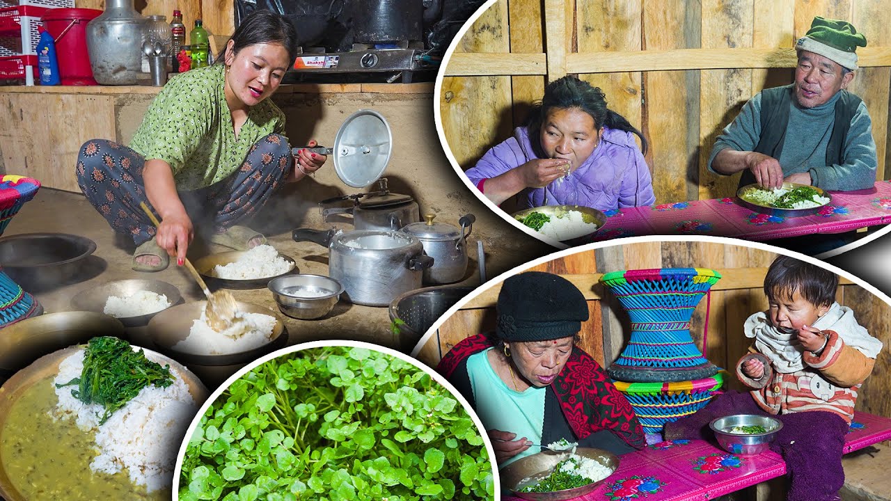 Organic Watercress (Simsag) Recipe with rice in the Nepali village || Sim Rayo || Village food vlog