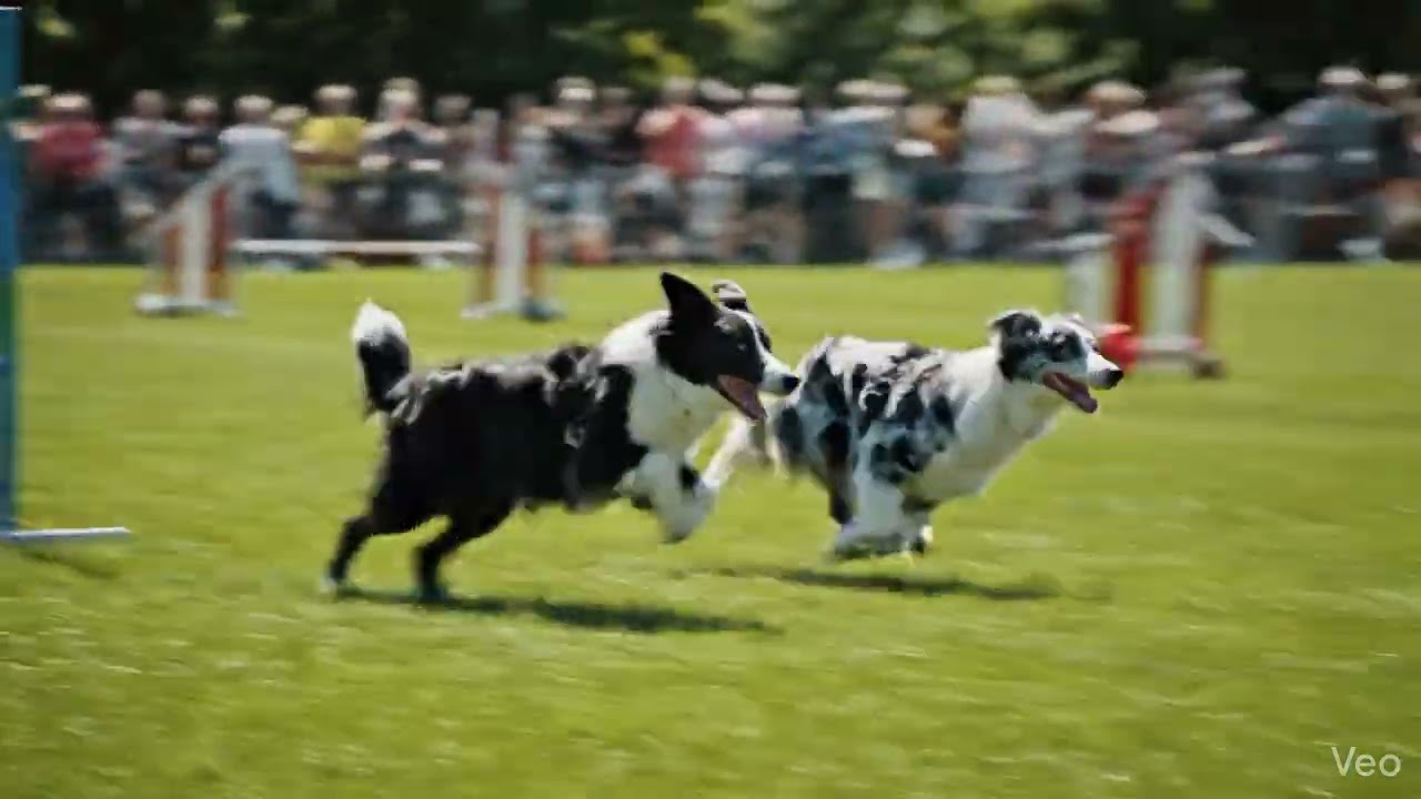 Dogs play together 