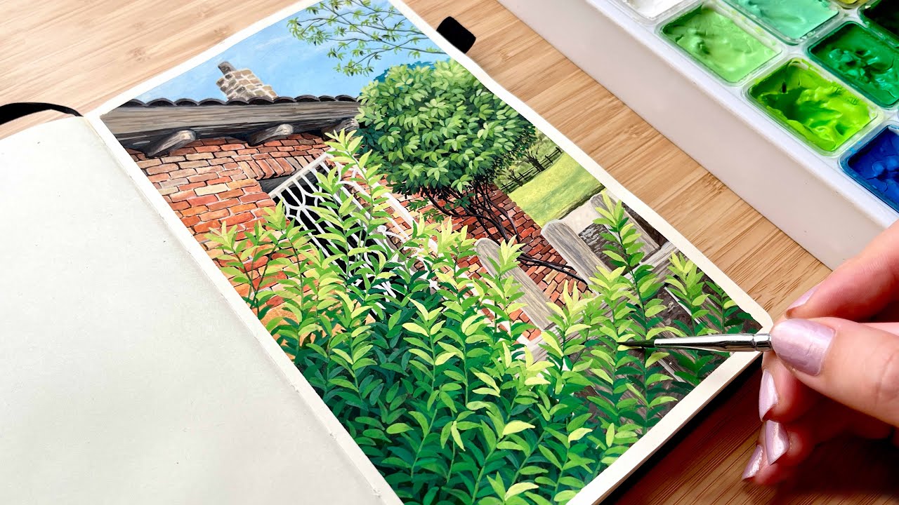Landscape Painting of Red Brick Village House With Jelly Gouache 🌱 Paint With Me
