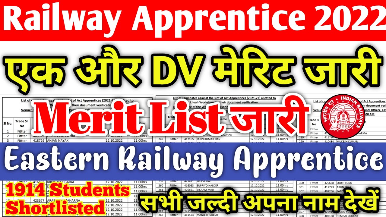 Railway Apprentice 2022 | Eastern Railway Apprentice DV merit list जारी 2022 | रेलवे अप्रेंटिस