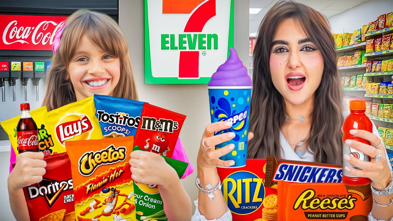 اكلنا لمدة يوم كامل من 7-11 جربنا كل شي | فطور غداء عشاء !!