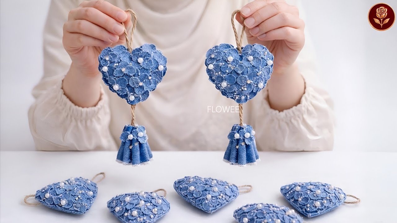 Turning Denim Fabric into Elegant Heart Ornaments | Handmade Craft