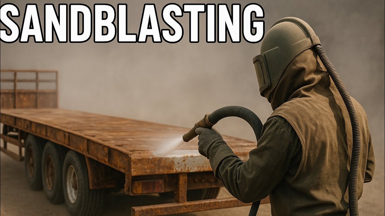 Sandblasting paint rust off a trailer