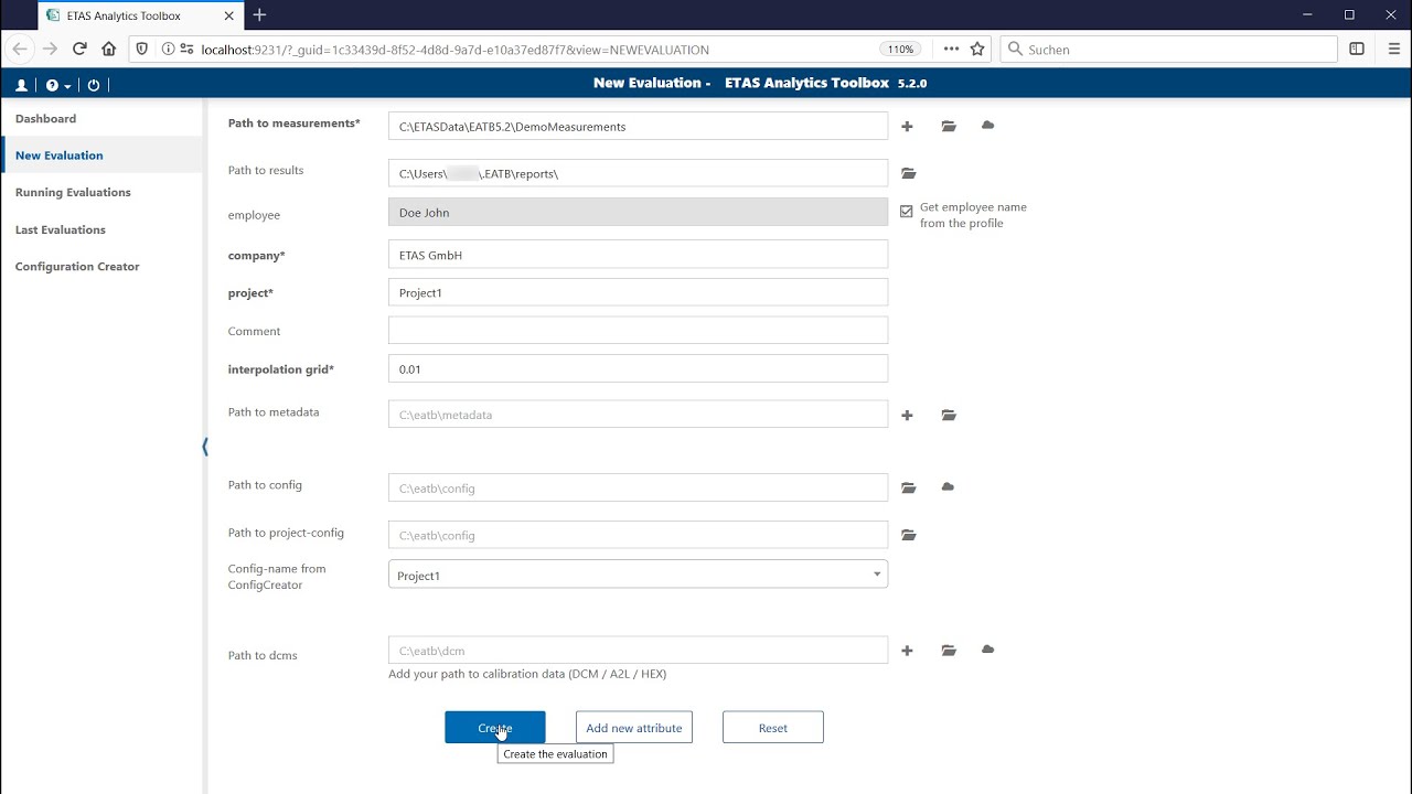 ETAS Analytics Toolbox &ndash; Creating a New Evaluation