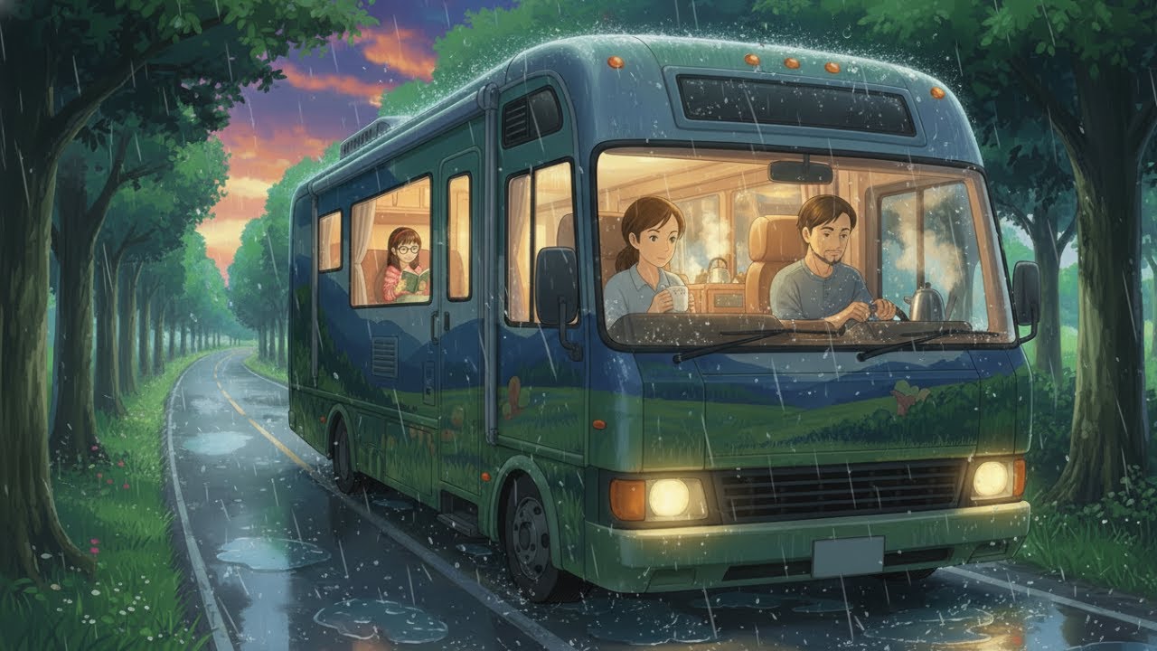 A Rainy Day in Our Mobile Home, Camping in the Forest | Cozy Ghibli Life
