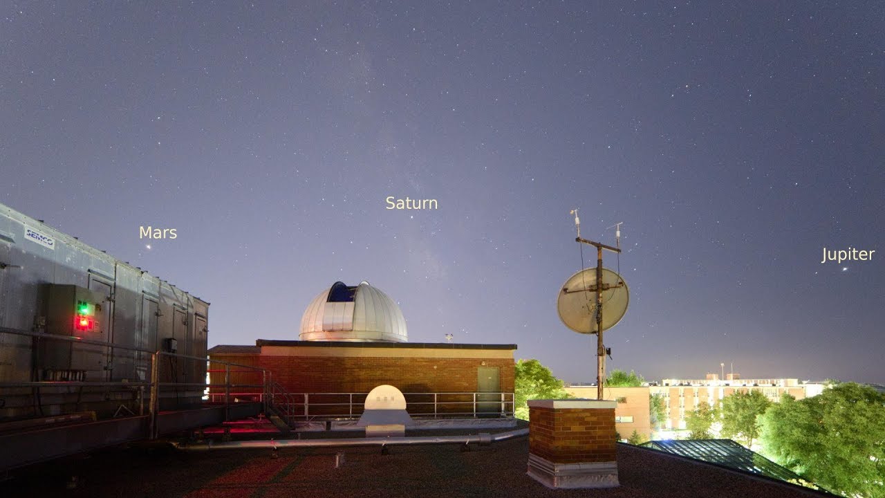 Mars, Saturn and Jupiter over Brooks Astronomical Observatory (Central Michigan University)