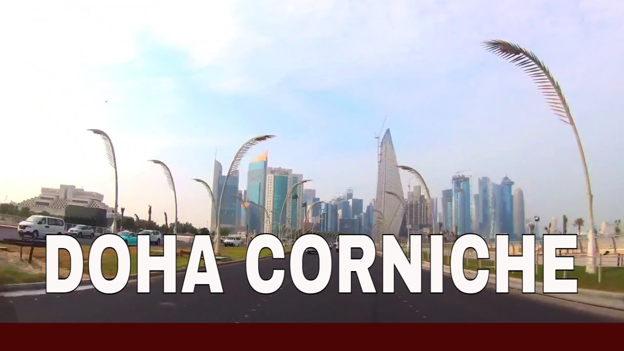 NEW LOOK! DOHA CORNICHE | Driving Downtown Doha | Beautiful, 10-km, Palm Frond-Shaped Light Poles