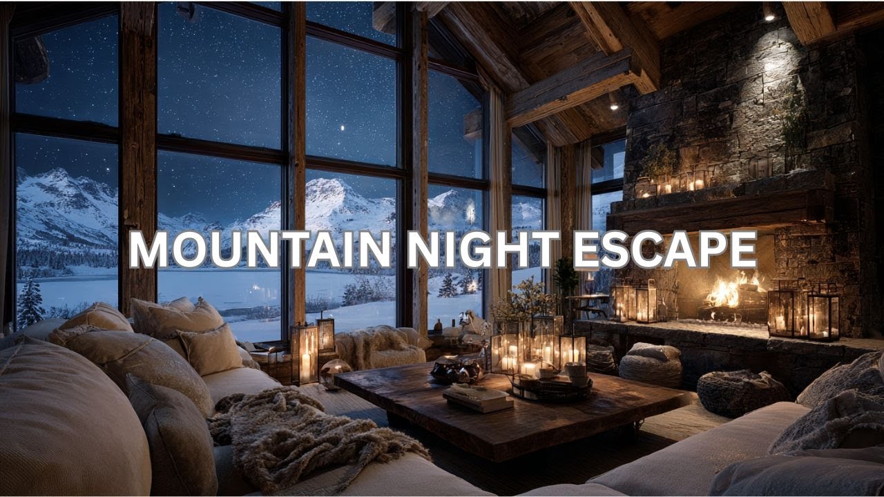 Mountain Night Fireplace ❄️ Cozy Winter Living Room with Soft Jazz | Relaxing Sleep & Study Ambience