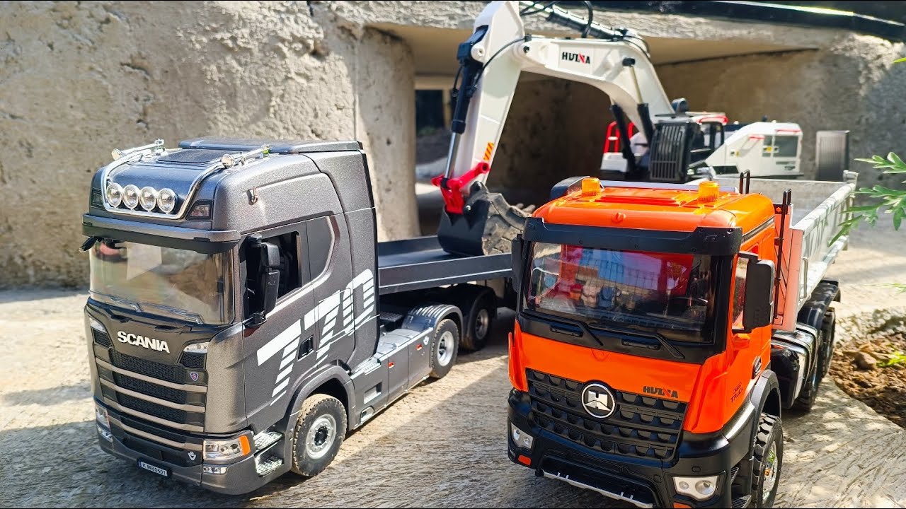 Day 6, Rc Construction Dump Truck Full Load of Sand, Excavator 1594 & Huina 1598, Scania 770 S V8