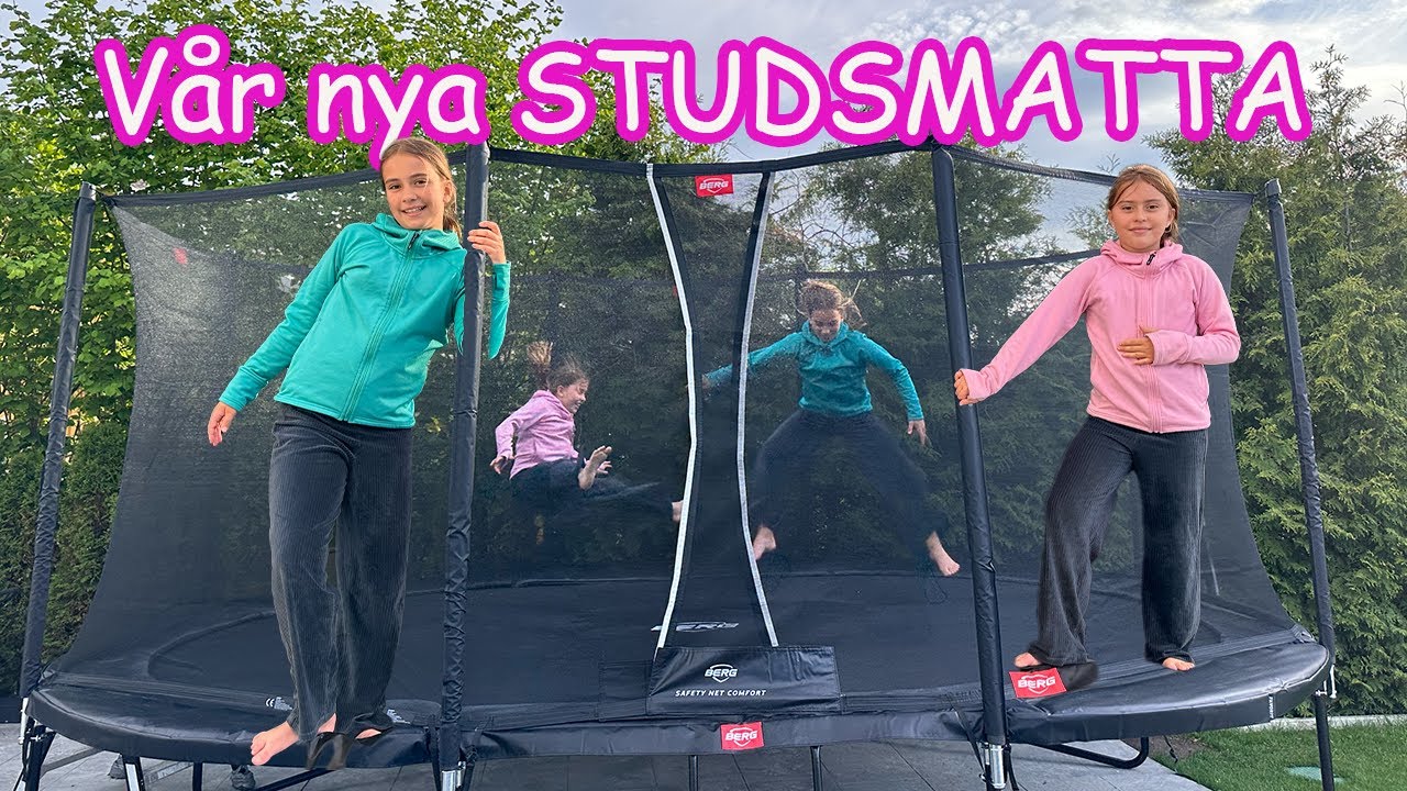Vi hämtar vår nya ovala studsmatta från BERGS