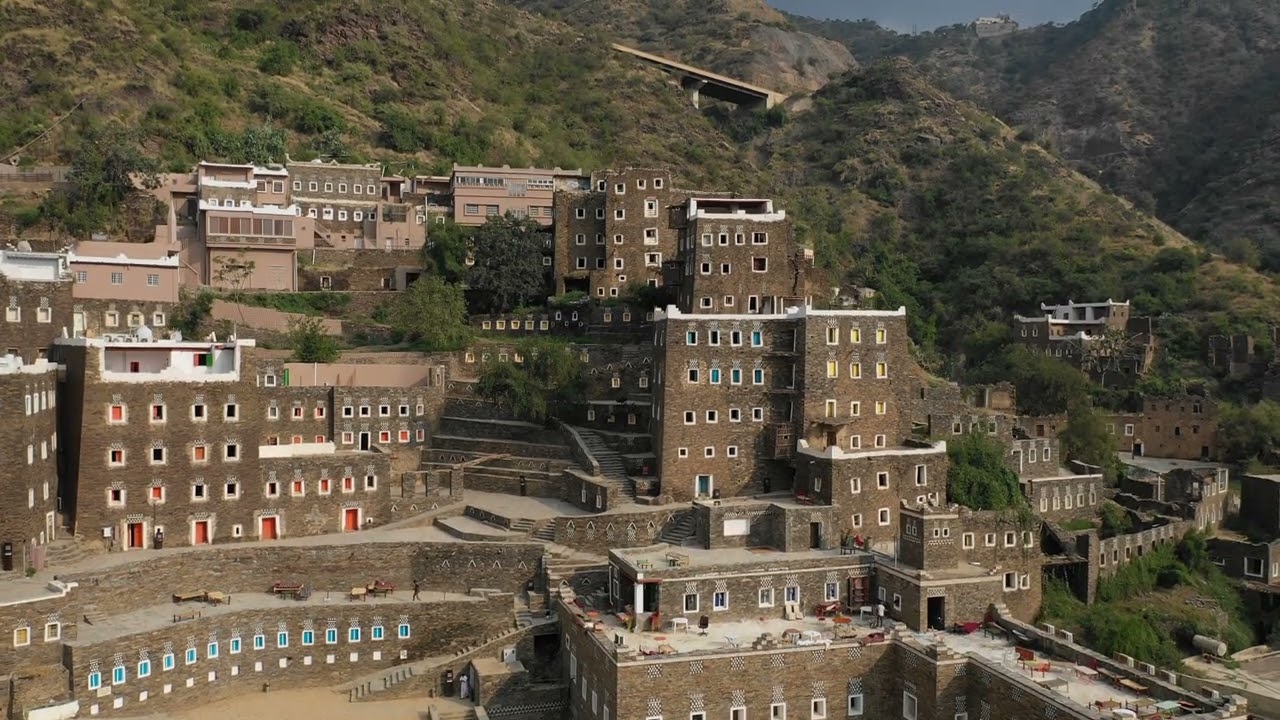 Rijal Almaa heritage village aerial view, Asir province, Rijal Alma, Saudi Arabia
