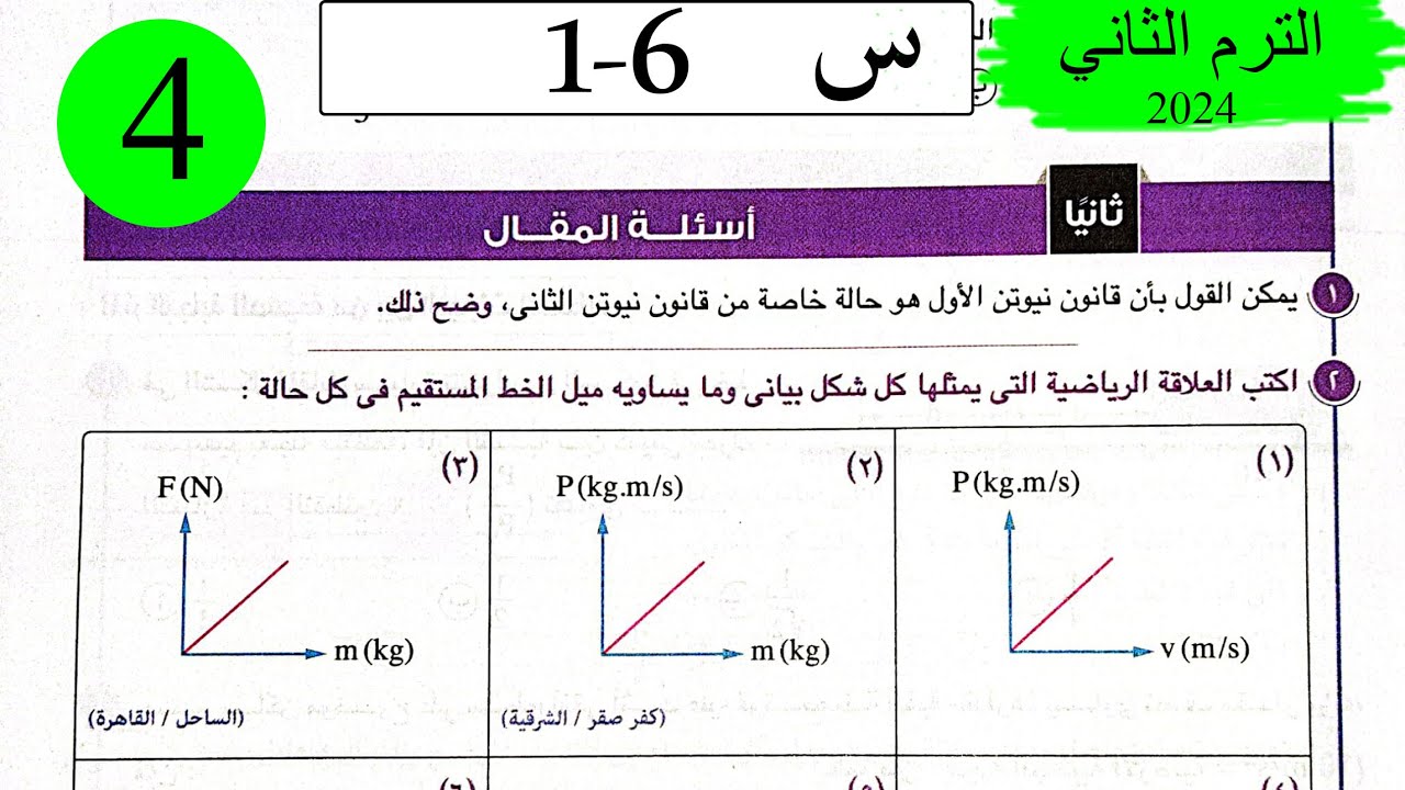 فيزياء 1ث - حل القوة والحركة - المقال - كتاب الامتحان 2024