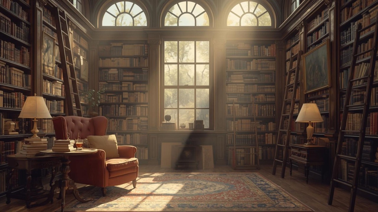 Moody Library Scene Cozy Morning Light Vintage Painting | Frame TV Art | 2-Hour Screensaver