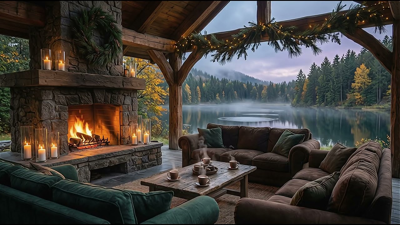 Cozy lakeside cabin porch fireplace ambience (4K) | Relaxing crackling fire 🪵🔥🌲🌙✨