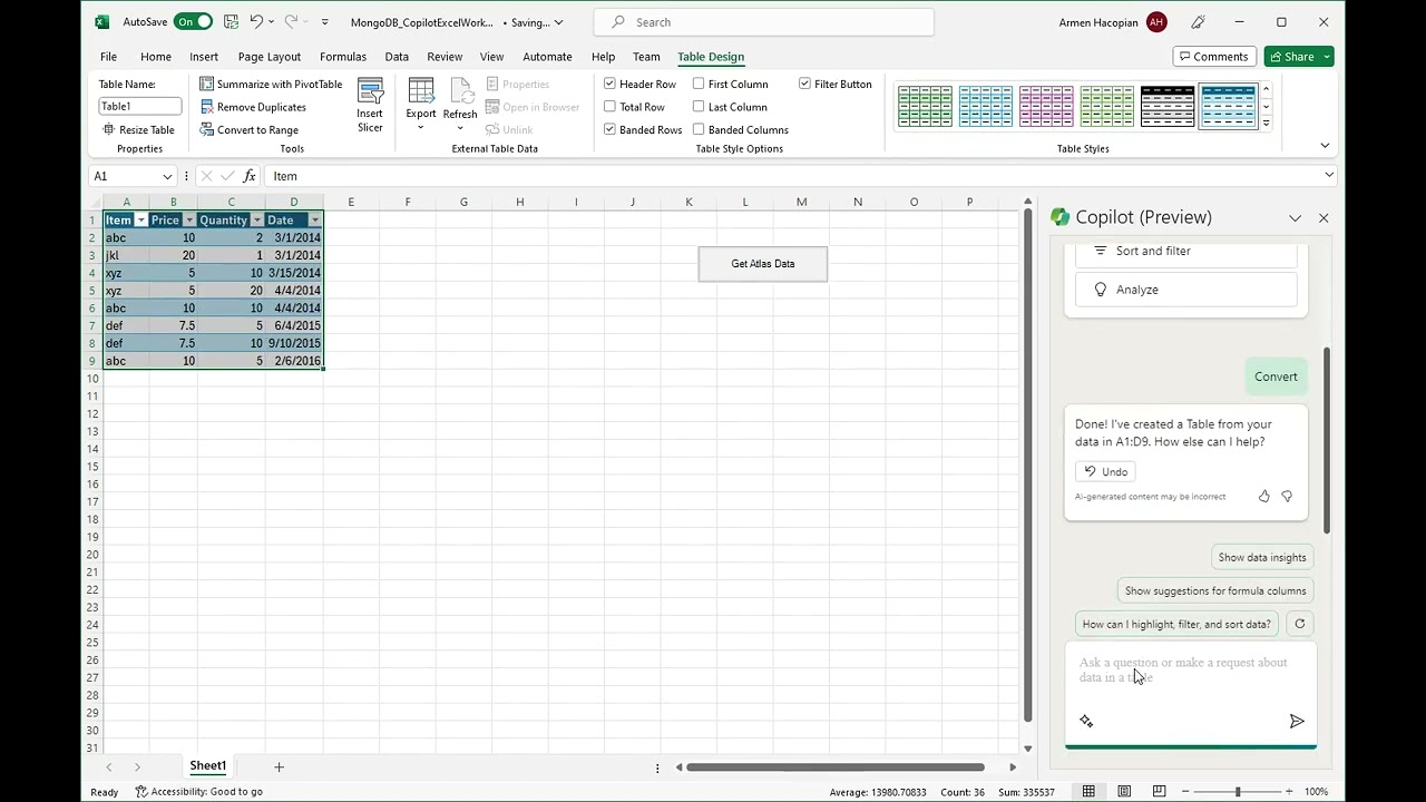 First Test with MongoDB Atlas and M365 Copilot in Excel