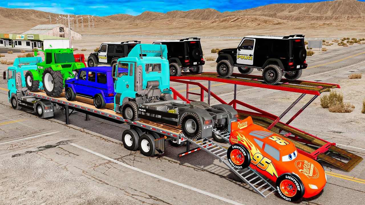Flatbed Truck Mcqueen | Transportation with Truck - Pothole vs Car #75 - BeamNG.Drive
