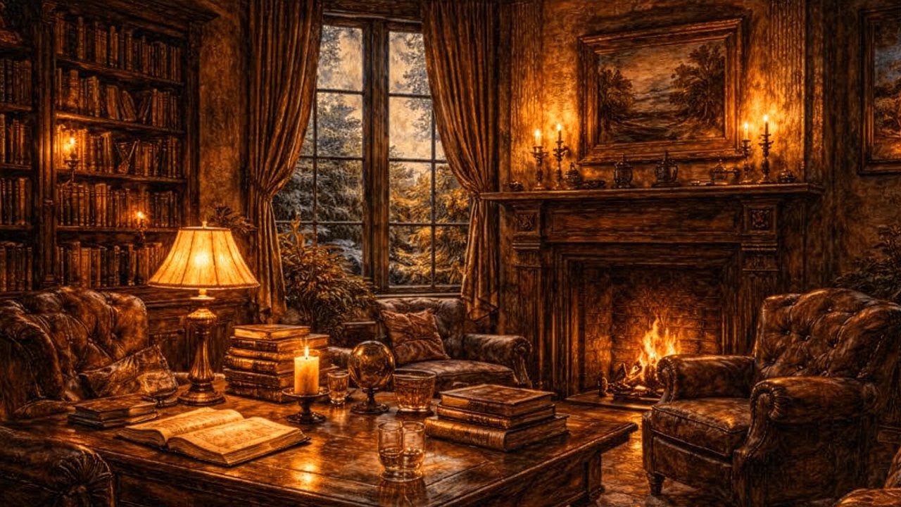 Oil Painting Candlelit Library Fireplace at Dusk | 4K · Uninterrupted Piano